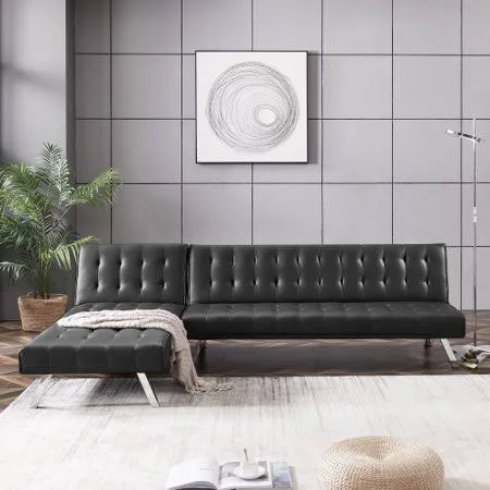 100 inch Convertible Sectional Sleeper Sofa Couch with Removable Chaise, Modern L-Shaped Couch for Living Room, PU Fabric with Met