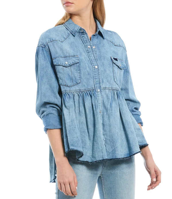 Free People Dylan Babydoll Snap Front Chambray Frayed Hem Blouse - Womens, L, Chambray