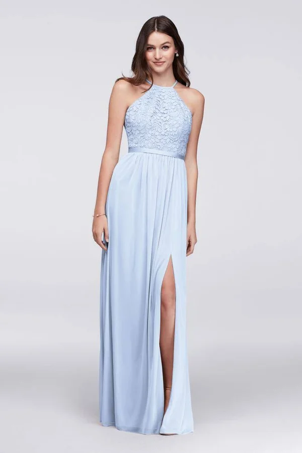 David&s Bridal Open-Back Lace and Mesh Bridesmaid Dress - Ice Blue - 20