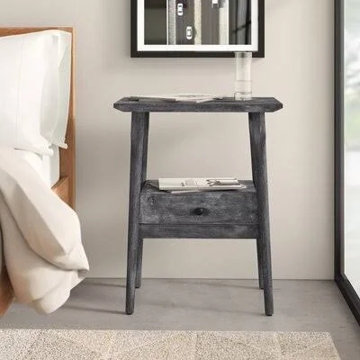 Kiara Solid Wood End Table with Storage Sand & Stable Color: Black