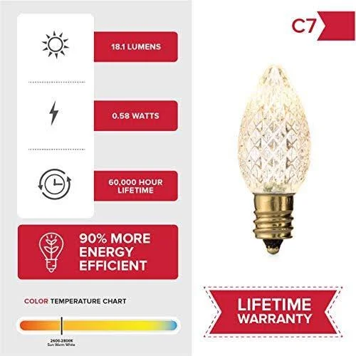 Holiday Lighting Outlet Faceted C7 Christmas Lights, Sun Warm White LED Light