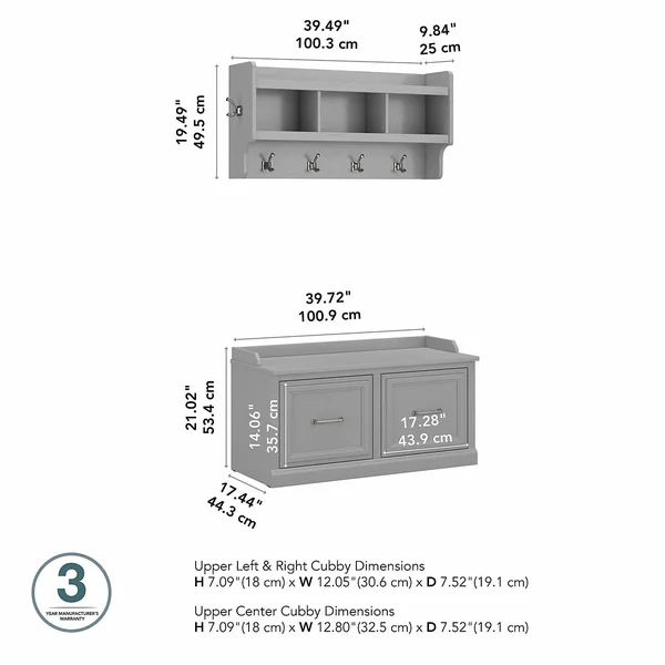 kathy ireland Home Woodland - Storage bench and wall coat rack set - 12 hooks - laminated engineered wood - white ash