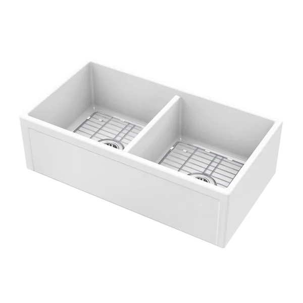 Soleil All-in-One White Fireclay Picture Frame/Plain Reversible 50/50 Double Bowl Apron Front Kitchen Sink with Pull Down Faucet