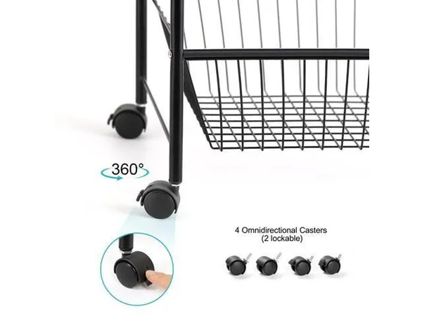 NEX 3-Tier Rolling Basket Stand, Large Size Full Metal Rolling Trolley for Kitchen & Bathroom - Three Tier Storage Cart w/Sh