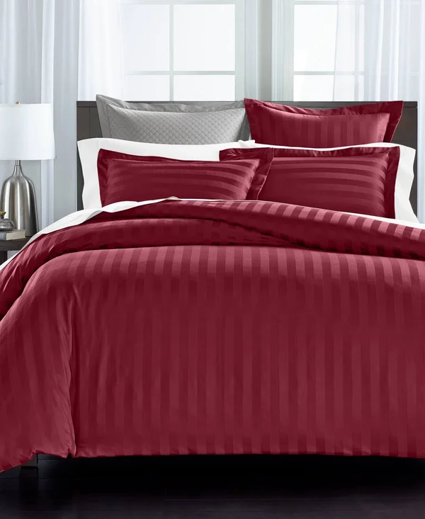 Charter Club Damask Stripe 100% Supima Cotton 550 Thread Count 3 pc. Duvet COVER, King, Created for Macy&s - Pomegranate (Burgun