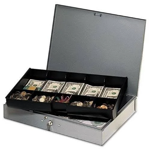 Steelmaster 2215CBTGY 3 x 16.7 in. Extra Wide Steel Cash Box with 10 Compartments Key Lock - Gray