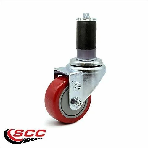 Service Caster - 3 x 1.25 inch Red Polyurethane Wheels Caster Set of 4 - 2 Swivel Casters w/Brake W/1-1/2 inch Expanding Stem/2