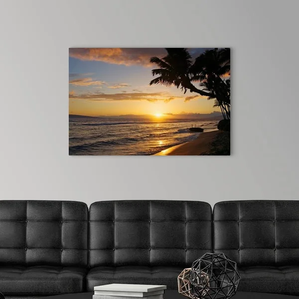 Hawaii - Maui, Kaanapali Resort, Sunset with Beach and Palm Trees, Canvas Wall Art, 36x24, Great Big Canvas