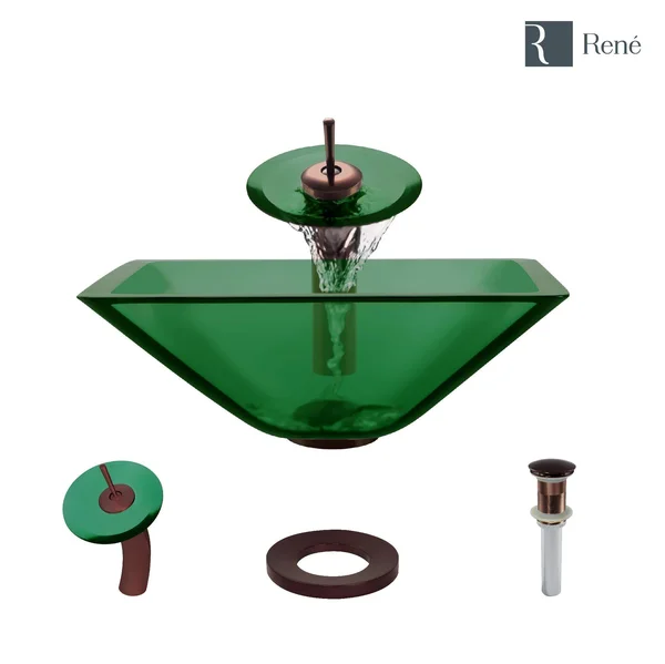 Rene R5-5003-IVY-WF-ORB Ivy Colored Glass Vessel Sink with Oil Rubbed Bronze Waterfall Faucet - Sink Ring, and Vessel Pop-Up Drai