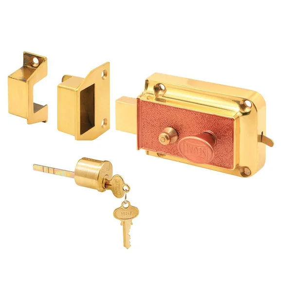 Rim Deadbolt - Cast Bronze Construction, Polished Brass-Plated Finish, Copper Painted Textured Surface