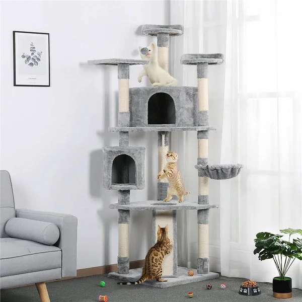 Yaheetech 79-in Plush Cat Tree & Condo - Light Gray