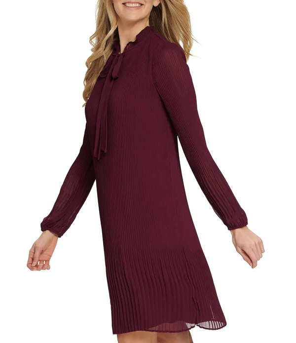 Dkny Long Sleeve Tie Neck Pleated Shift Dress - Maroon