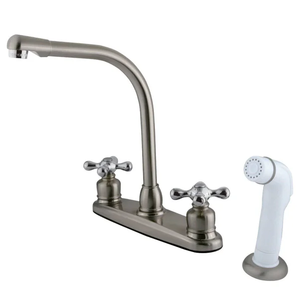 Kingston Brass Victorian High Arch Kitchen Faucet with White Sprayer - Satin Nickel/Polished Chrome KB717AX