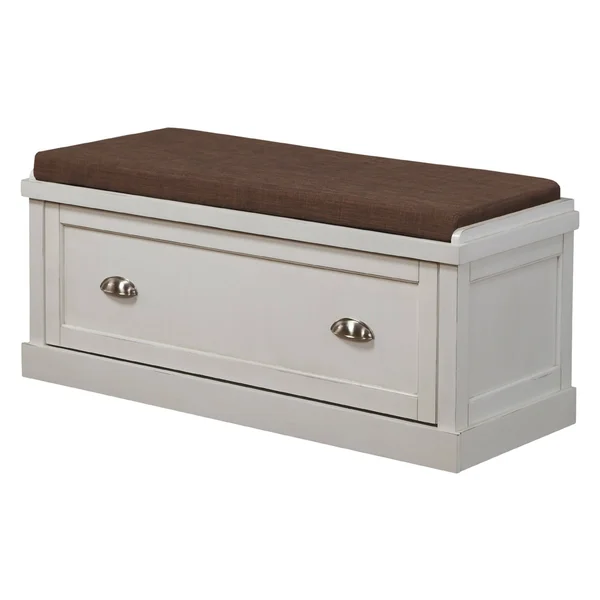 Benzara BM185369 Wooden Bench with Fabric Upholstered Seat Cushion & Storage Drawer White
