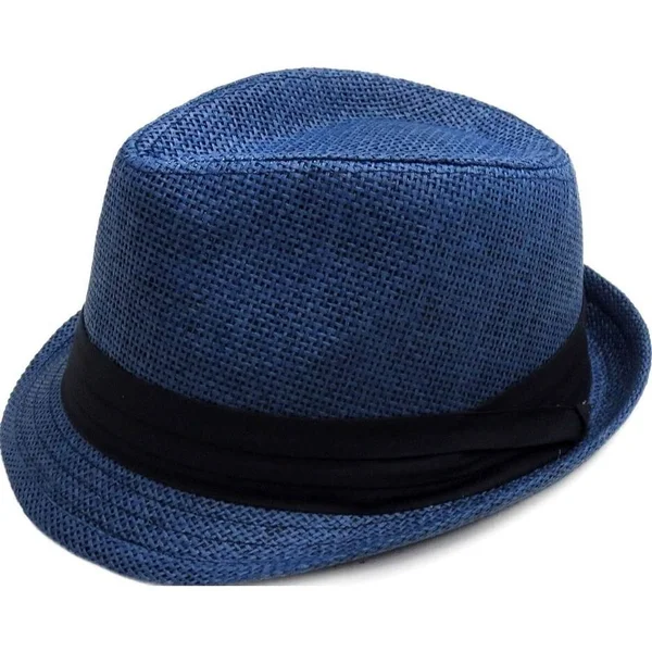 Simplicity Women Men Summer Double Colors Straw Fedora Hat w/ Rasta Band - Navy - SM