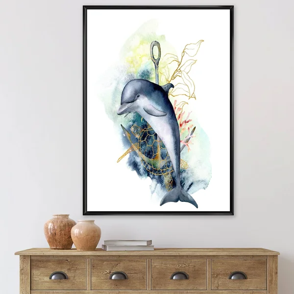 Designart &Dolphin Turtle Anchor & Linear Coral Reef Plants& Nautical & Coastal Framed Canvas Wall Art Print - 24 in. Wi