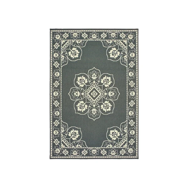 StyleHaven Mainland Traditional Framed Medallion Indoor Outdoor Rug, Grey, 3.5X5.5 ft