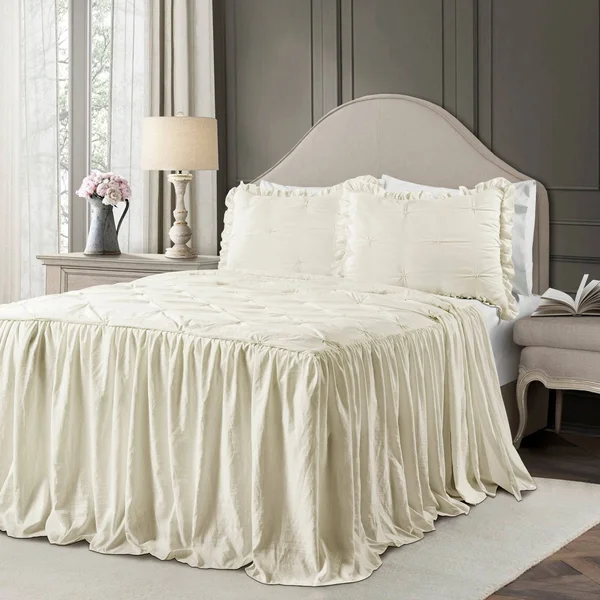 The Gray Barn Lazy Acres Pintuck Ruffle Skirt Bedspread Set - Ivory - Queen