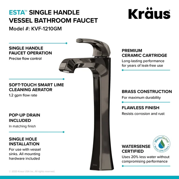Kraus KVF-1210BG Esta Single Handle Vessel Bathroom Faucet with Pop-Up Drain - Brushed Gold