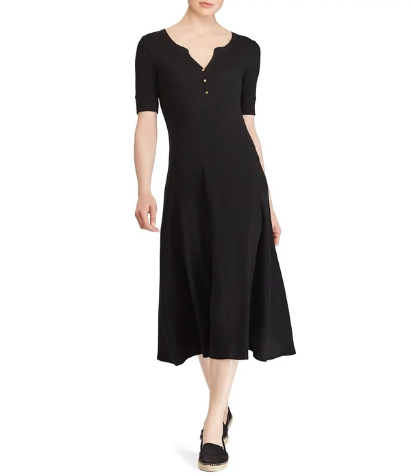 Lauren Ralph Lauren Women's Waffle-Knit Cotton Midi Dress - Black - Size Medium