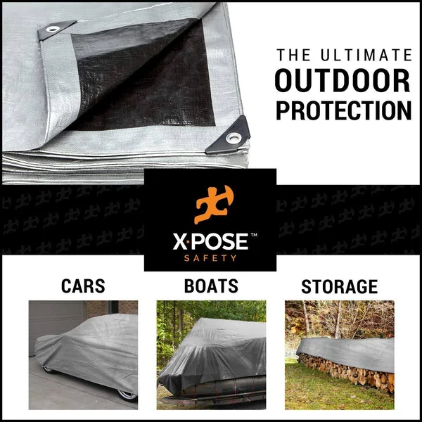 Xpose Safety Heavy Duty Poly Tarp - 15& x 30& - 10 Mil Thick Waterproof - UV Blocking Protective Cover - Reversible Silver and Bl