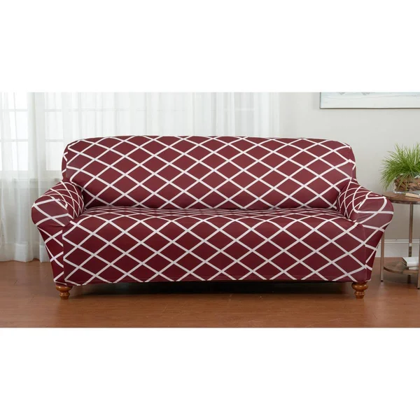 Tori Collection Twill Form Fitting Stretch Diamond Printed Slipcover Loveseat Burgundy Great Bay Home