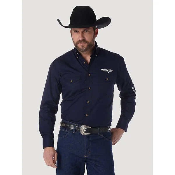 Wrangler Men's Logo Long Sleeve Button Down Solid Shirt (Size: Medium) Dark Blue