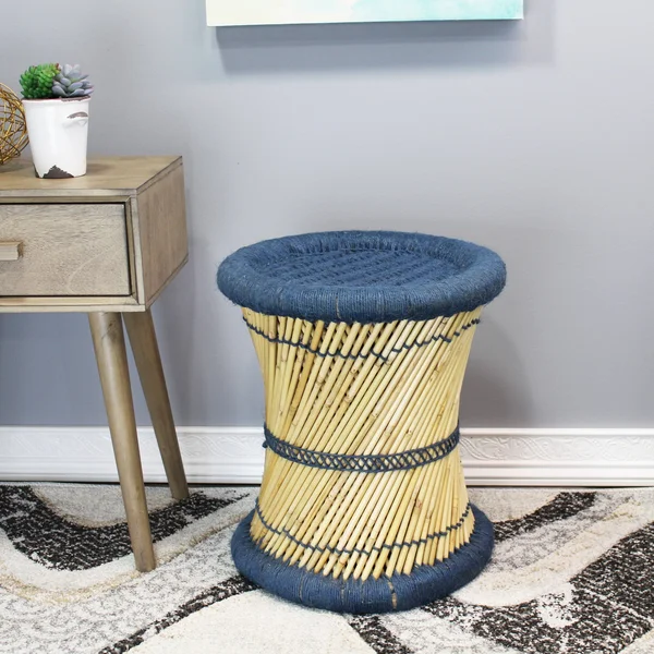 Natural Geo Moray Decorative Handwoven Jute Stool in Blue (Set of 2)