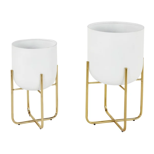 Set of 2 White Metal Contemporary Planter