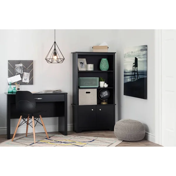 South Shore Vito 3 Shelf Bookcase with Doors Pure Black
