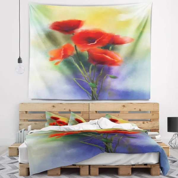 Designart 'Watercolor Red Poppy Flowers Painting' Floral Wall Tapestry - 80 in. x 68 in.