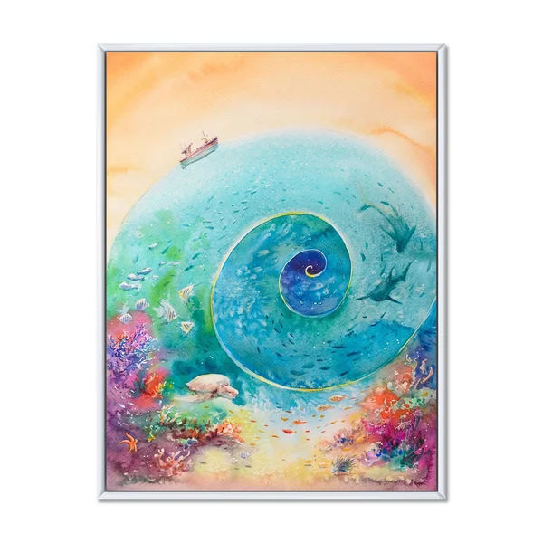 Designart &Turquoise Ocean Spiral with Coral Reef Fishes& Nautical & Coastal Framed Canvas Wall Art Print - 16 in. Wide x 32