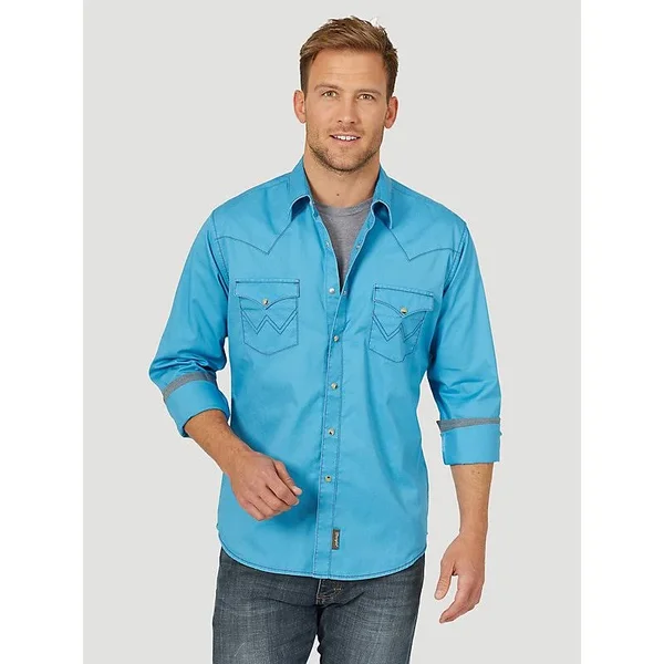 Wrangler Retro Men's Blue Solid Long Sleeve Western Shirt