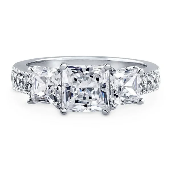 Berricle Sterling Silver Princess Cut Cubic Zirconia CZ 3-Stone Anniversary Promise Wedding Engagement Ring 3.2 CTW Size 5