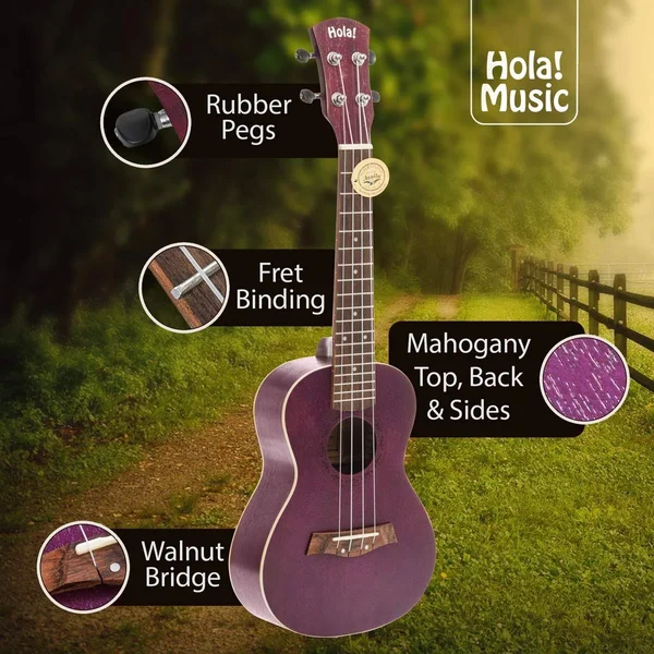 Concert Ukulele Bundle, Deluxe Series by Hola! Music (Model Hm-124pp+), Bundle Includes: 24 inch Mahogany Ukulele with Aquila Ny
