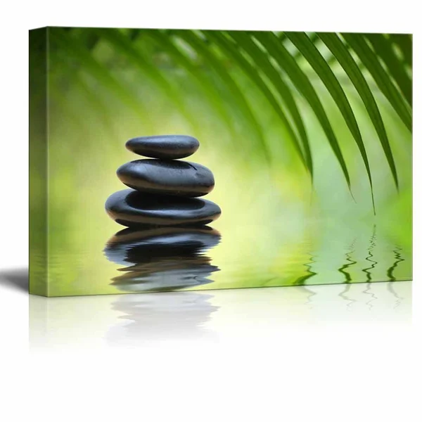 Green Bamboo Leaves Over Zen Stones Pyramid Reflecting in Water Surface for Spa Decor Wall Decor Created by A Professional Artis