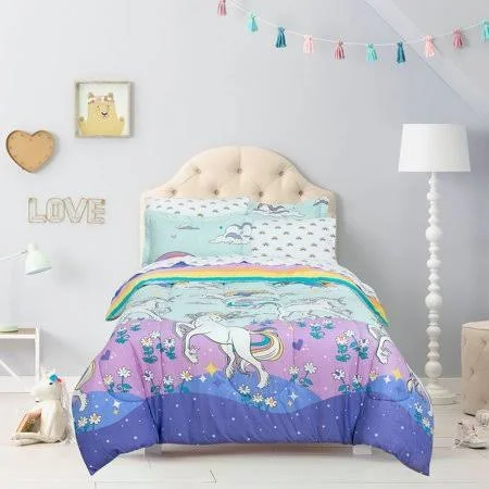 Kidz Mix Magical Unicorn Super Soft Bed in A Bag with Reversible Rainbow Comforter - Size: Full