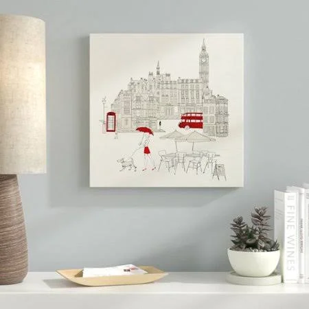 Ebern Designs 'World Cafe I London Red' Drawing Print on Canvas - Beige