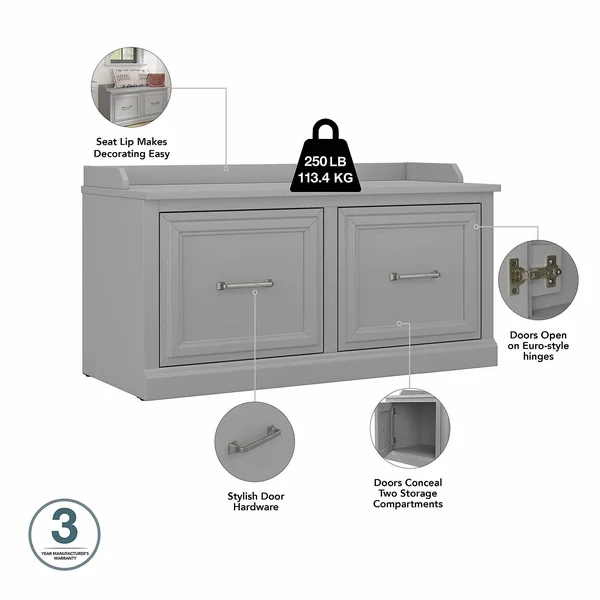 kathy ireland Home Woodland - Storage bench and wall coat rack set - 12 hooks - laminated engineered wood - white ash