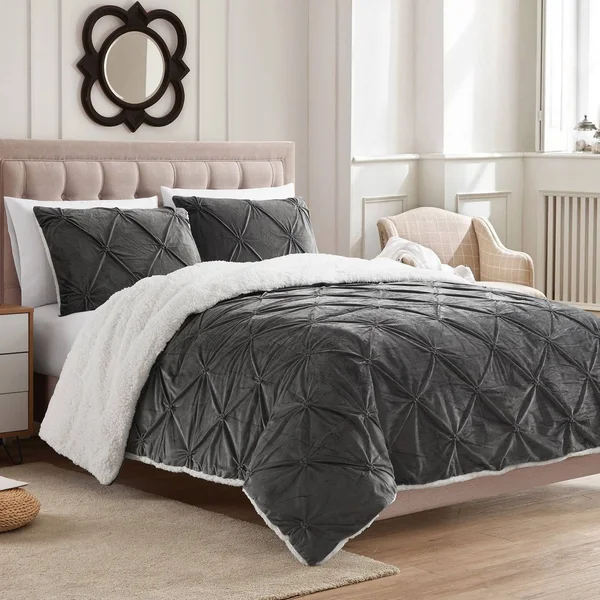Sweet Home Collection 3 Piece Pintuck Sherpa Comforter Set Gray, King