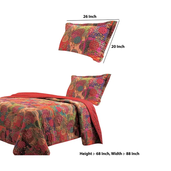 Benjara Tisa 2 Piece Reversible Twin Quilt Set with Floral and Fruit Pattern, Multicolor