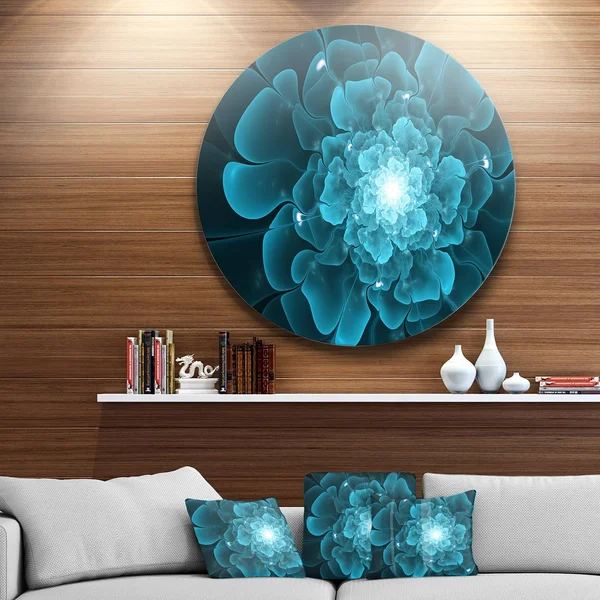 Designart 'Fractal Flower Clear Blue Digital Art' Floral Large Disc Metal Wall