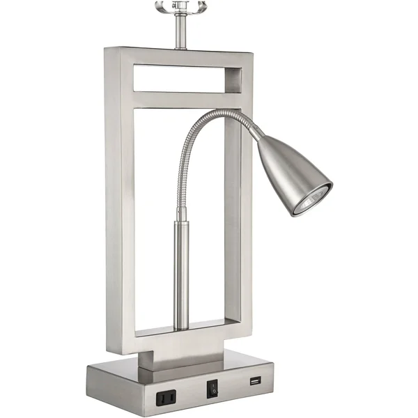 Possini Euro Design Modern Table Lamp with USB Outlet Reading Light LED Brushed Nickel Rectangular Off White Shade Bedroom Offic