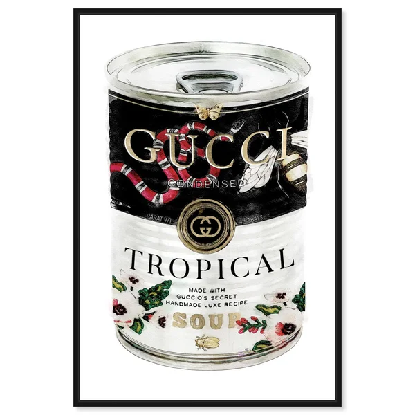 Oliver Gal Fashion and Glam Wall Art Framed Canvas Prints &Italian Luxe Soup& Soup Can - Black, White - 36 x 54 - Gold
