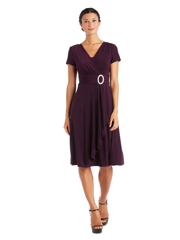 R & M Richards Short-Sleeve Faux-Wrap Dress - 12, Charcoal