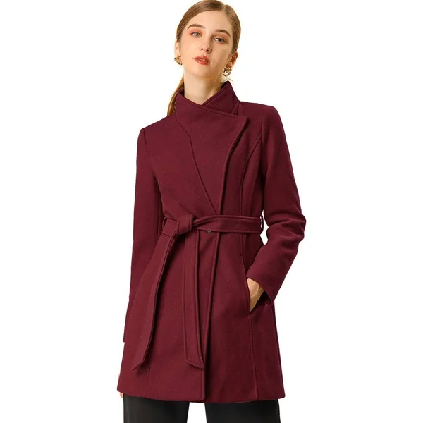 Women's Stand Collar Winter Belted Long Coat - Fuchsia - Xs