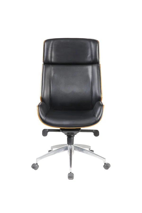 HomeRoots 26x22 x 23x22 x 49x22 Black Bonded Leather Walnut Metal Wood Upholstered (Seat) Casters Executive Office Chair