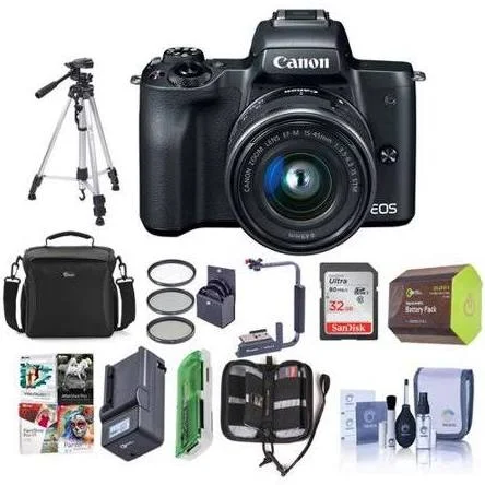 Canon Eos M50 Mirrorless Camera with EF-M 15-45mm f/3.5-6.3 Is STM Lens - Black - Bundle with 32GB SDHC Card, Camera Case, Tripod