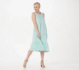 Denim & Co. Beach Regular Linen Blend Knit Midi Dress w/ Pckts - Size Large, Eggshell Blue
