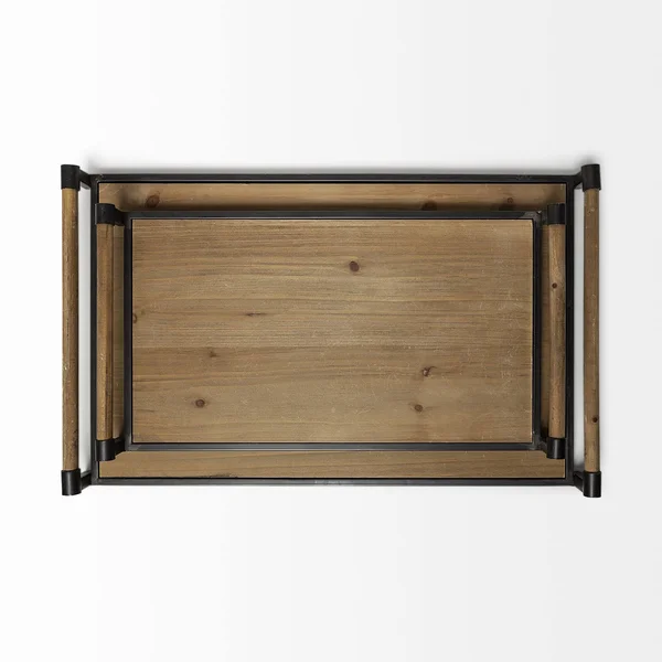 HomeRoots S/2 Light Brown Wood with Matte Black Metal Frame and Two Handles Trays (376039)